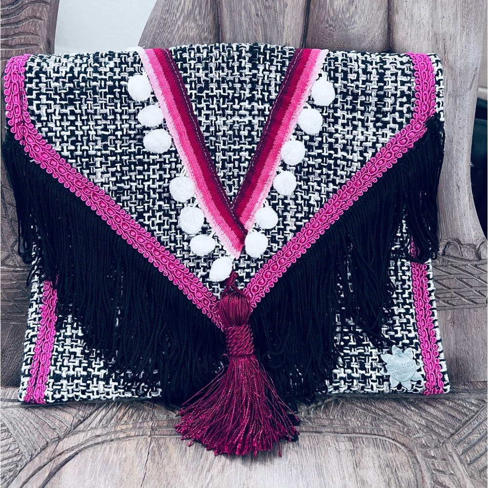 Elektra's Workshop Handmade Black White Pink Fringe Clutch Bag Bohemian